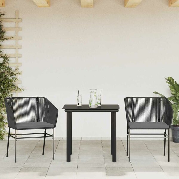 VidaXL 3 részes fekete polyrattan üveg kerti étkezőgarnitúra párnákkal