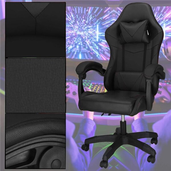 Ergonomikus gamer irodai szék deréktámasszal, fejtámlával, 360 fokos forgással, 114-123x55x50 cm, fekete