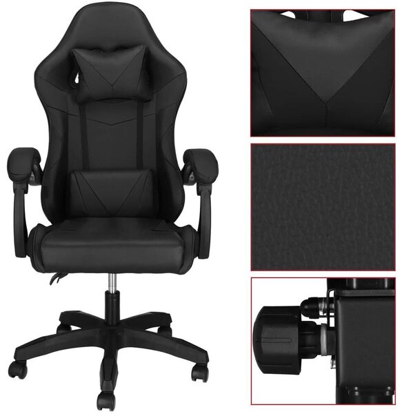 Ergonomikus gamer irodai szék deréktámasszal, fejtámlával, 360 fokos forgással, 114-123x55x50 cm, fekete