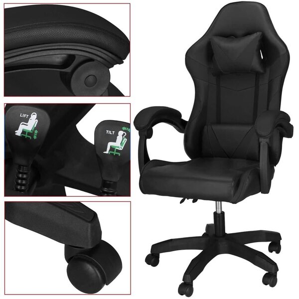 Ergonomikus gamer irodai szék deréktámasszal, fejtámlával, 360 fokos forgással, 114-123x55x50 cm, fekete
