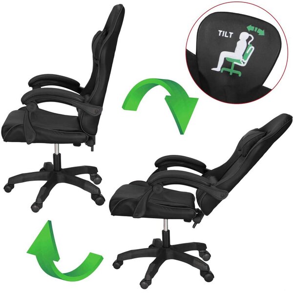 Ergonomikus gamer irodai szék deréktámasszal, fejtámlával, 360 fokos forgással, 114-123x55x50 cm, fekete