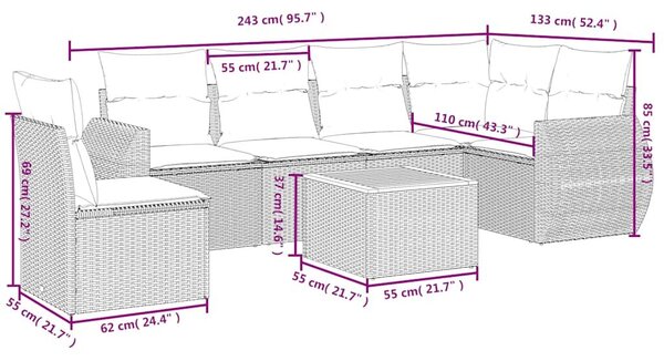 VidaXL 7 db fekete polyrattan kerti kanapégarnitúra párnákkal