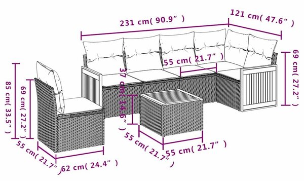 VidaXL 7 db fekete polyrattan kerti kanapégarnitúra párnákkal