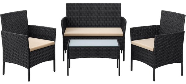 4 személyes kerti bútor szett, kanapé, 2 szék és üvegtáblás asztal, PE rattan, fekete