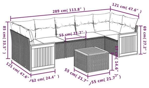 VidaXL 8 db fekete polyrattan kerti kanapégarnitúra párnákkal