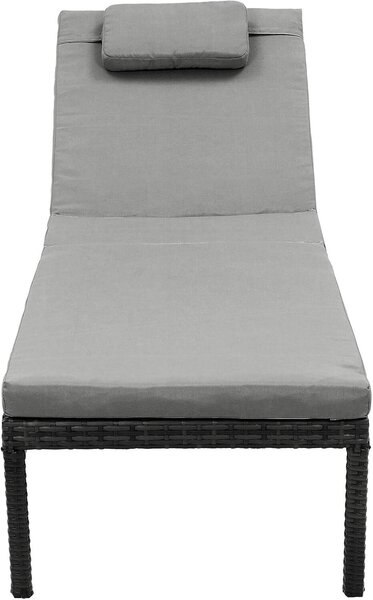 Kerti napozóágy vastag matracgal és fejtámlával, PE rattanból és fémből, maximális teherbírás 150 kg, méret 195x65x40 cm, fekete és szürke színben