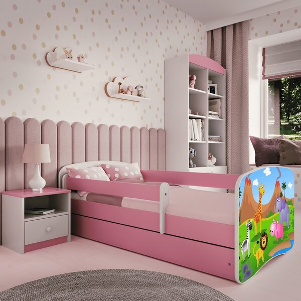 Babydreams gyerekágy szafari dizájnnal, méret: 140x70, szín: rózsaszín, matraccal, ágyneműtartóval