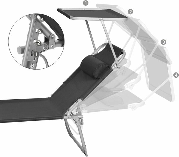 Összecsukható napozóágy napernyővel és támasztóval, 4 pozícióban állítható háttámla, légáteresztő szintetikus szövet, max 150 kg, 193x53x29 cm, fekete