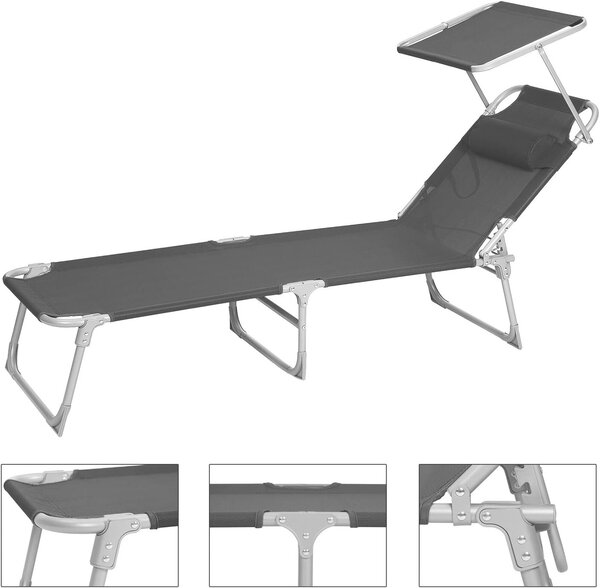 Összecsukható napozóágy napernyővel és támasztóval, 4 pozícióban állítható háttámla, légáteresztő szintetikus szövet, max 150 kg, 193x53x29 cm, fekete