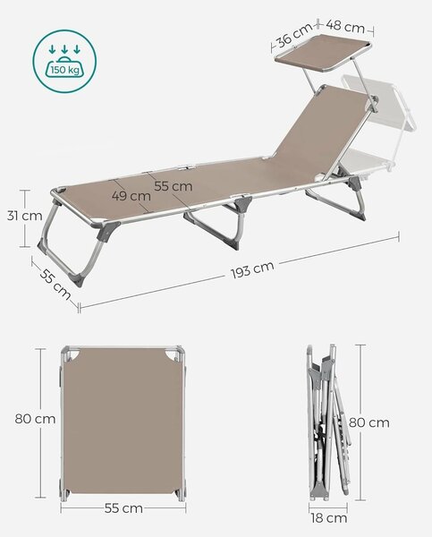 Összecsukható napozóágy napernyővel, 5 pozíciójú állítható háttámla, alumínium váz, max 150 kg, 193x55x31 cm, taupe
