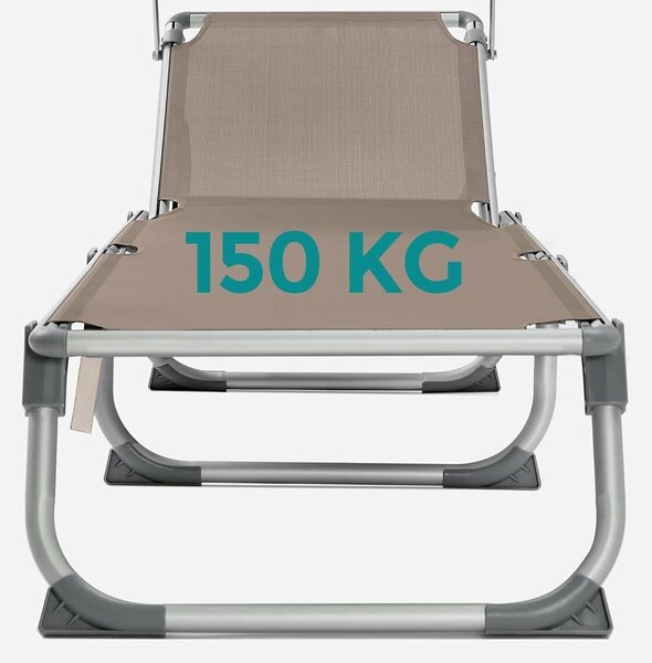 Összecsukható napozóágy napernyővel, 5 pozíciójú állítható háttámla, alumínium váz, max 150 kg, 193x55x31 cm, taupe
