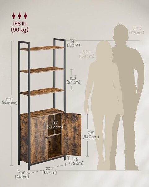 Nyitott polcos könyvespolc beépített szekrénnyel, fémkerettel és forgácslappal, 24x60x160 cm, rustikus barna