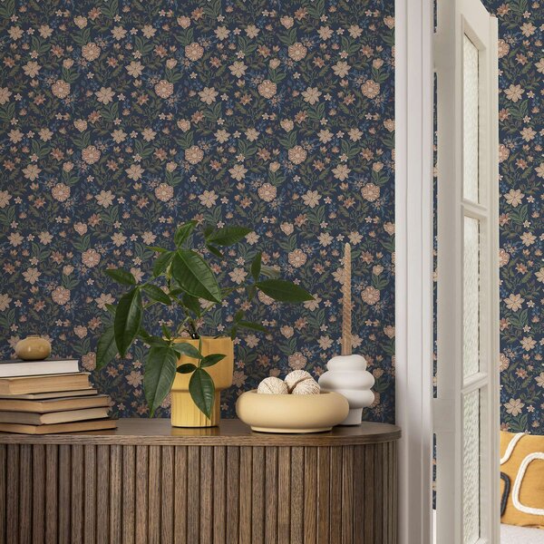 Tapéta Sötétkék virágos minta vintage stílusban, Angol stílusú tapétá, a00183 : Uwalls.hu