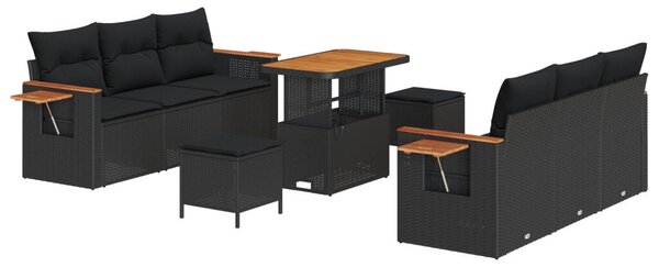 9 darabos kerti kanapé készlet párnákkal fekete poli rattan akáccal, 3 darabos kerti étkező készlet párnákkal fekete poli rattan akáccal