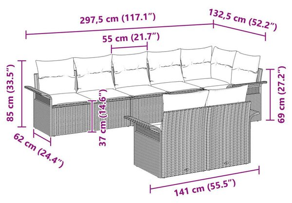 8 részes Kert Kanapé Készlet Párnákkal Szürke Poli Rattan