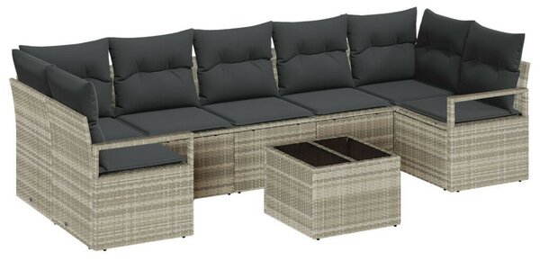 8 darabos Kert Sofa Szett Párnákkal Világosszürke Poli Rattan, 2-Személyes Kert Sofa Párnákkal Szürke Poli Rattan