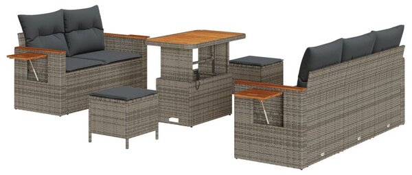 8 részes kerti kanapé szett párnákkal szürke poli rattan akáciával, 3 részes kerti étkező szett párnákkal szürke poli rattan akáciával
