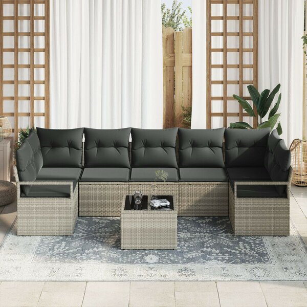 8 darabos Kert Sofa Szett Párnákkal Világosszürke Poli Rattan, 2-Személyes Kert Sofa Párnákkal Szürke Poli Rattan