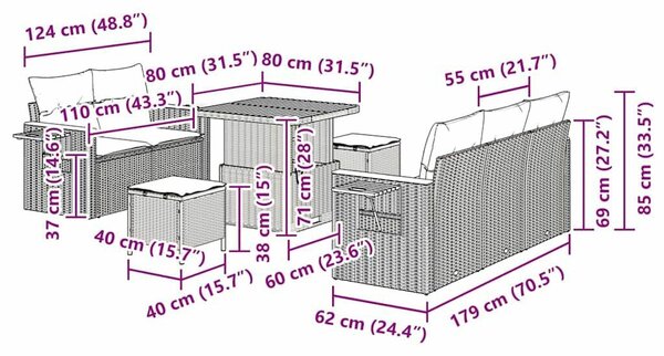 8 részes kerti kanapé szett párnákkal szürke poli rattan akáciával, 3 részes kerti étkező szett párnákkal szürke poli rattan akáciával