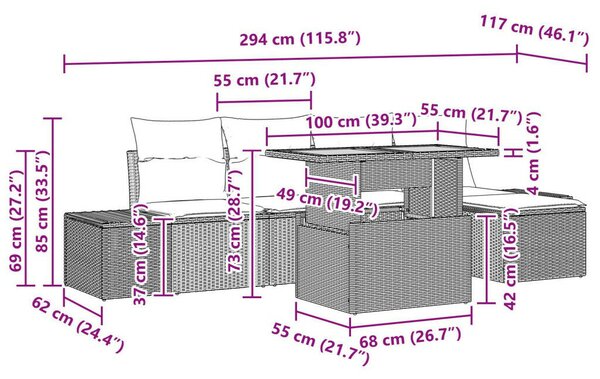 6 Darabos Kert Étkező Szett Párnákkal Bézs Poli Rattan Akác