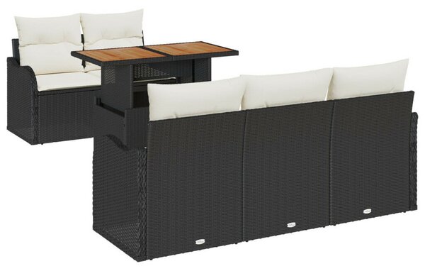 6 részes kerti kanapé szett párnákkal fekete poli rattan akáciából, 2 személyes kerti kanapé párnákkal fekete poli rattan