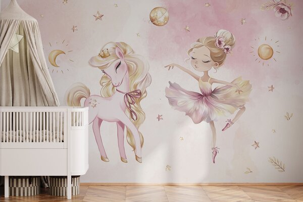 Fotótapéta Egyszarvú és balerina egy rózsaszín tündérmesében, gyermekmese, Gyerek fotótapéta, w04196 : Uwalls.hu