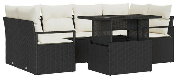7 Részes Kerti Kanapé Szett Párnákkal Fekete Poly Rattan, 2-üléses Kerti Kanapé Párnákkal Fekete Poly Rattan