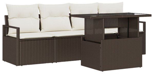 5 Részes Kert Sofa Szett Párnákkal Barna Poli Rattan, 2-Fős Kert Sofa Párnákkal Barna Poli Rattan
