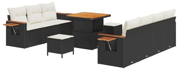 10 darabos kertiszofa szett párnákkal Fekete Műrattan Akác, 3 darabos kerti étkező szett párnákkal Fekete Műrattan Akác