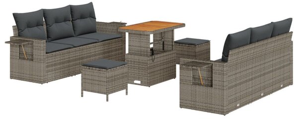 9 darabos kerti kanapé szett párnákkal szürke poli rattan akácia, 3 darabos kerti étkező szett párnákkal szürke poli rattan akácia