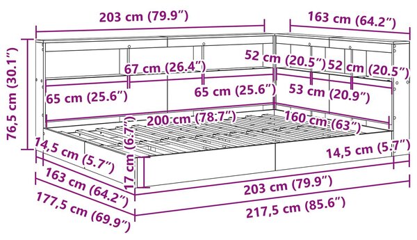 VidaXL Könyvespolcos Ágy Beton szürke 160 x 200 cm Szerelt Fa