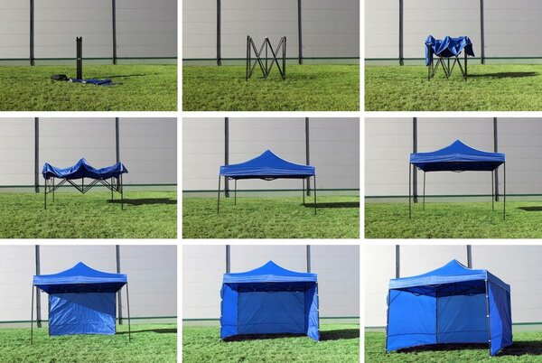 3 oldalfallal rendelkező pavilon sátor, szilárd acél szerkezet és vízálló PVC tető, 3x3 m, állítható magasság, zöld