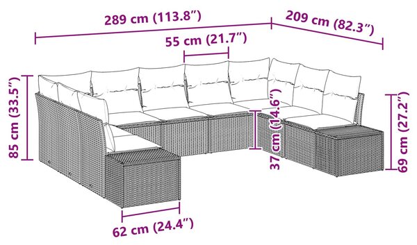 VidaXL Kerti Kanapé Szett párnával 9 pcs Barna polirattan