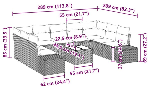 VidaXL Kerti Kanapé Szett párnával 10 pcs Barna polirattan