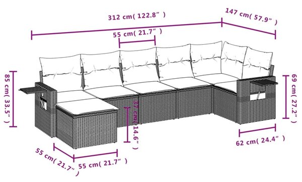 VidaXL 7 db szürke polyrattan kerti kanapégarnitúra párnákkal