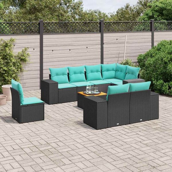 VidaXL 9 db fekete polyrattan kerti kanapégarnitúra párnákkal