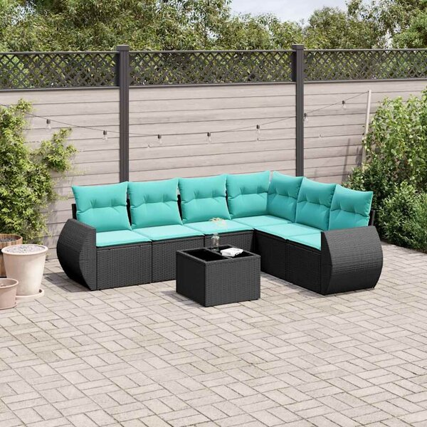VidaXL 7 db fekete polyrattan kerti kanapégarnitúra párnákkal