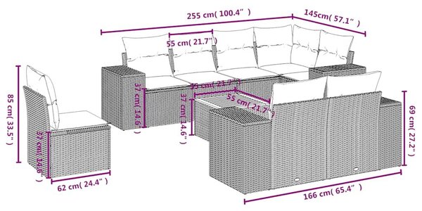 VidaXL 9 db fekete polyrattan kerti kanapégarnitúra párnákkal