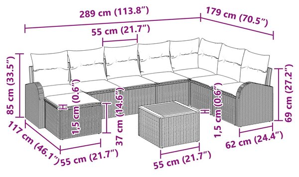 VidaXL Kerti Kanapé Szett tárolóval 9 pcs Fekete és Türkiz polirattan