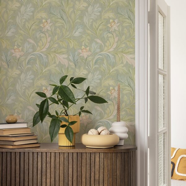 Tapéta Vintage levelek zöld háttéren, pasztell színek, Virágok és növények tapétá, a00277 : Uwalls.hu