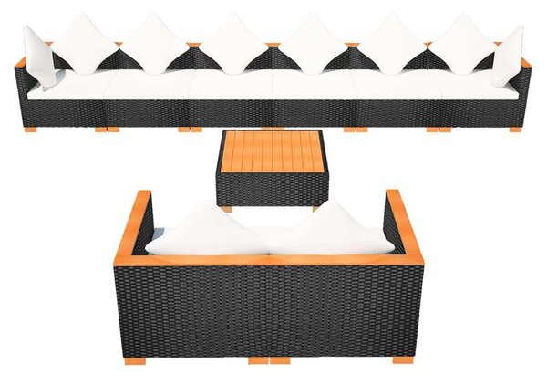 VidaXL 9-részes fekete polyrattan kerti bútorszett párnákkal
