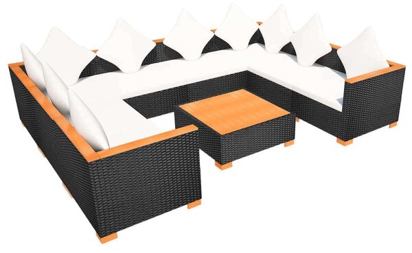 VidaXL 9-részes fekete polyrattan kerti bútorszett párnákkal