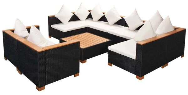 VidaXL 9-részes fekete polyrattan kerti bútorszett párnákkal