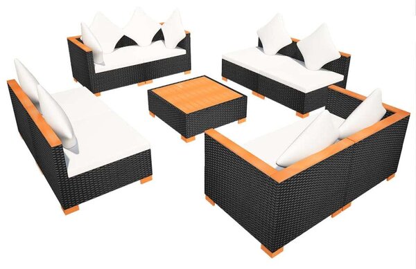 VidaXL 9-részes fekete polyrattan kerti bútorszett párnákkal