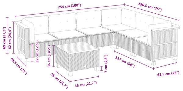 VidaXL Polyrattan Kerti Ülőgarnitúra - 7 részes - Fekete