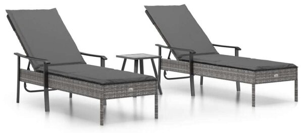 VidaXL 2 db szürke polyrattan napozóágy asztallal és párnával