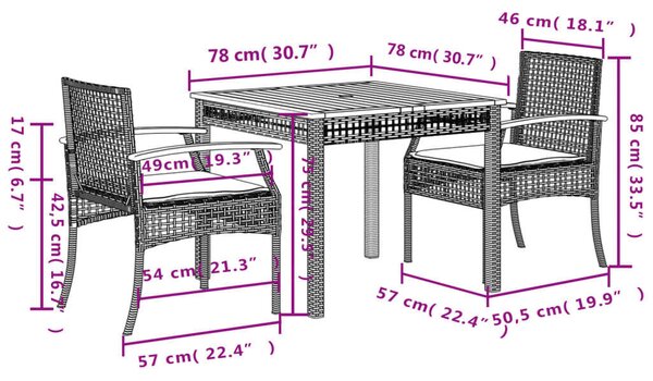 VidaXL Kerti Étkezőgarnitúra - 3 részes - Bézs Polyrattan