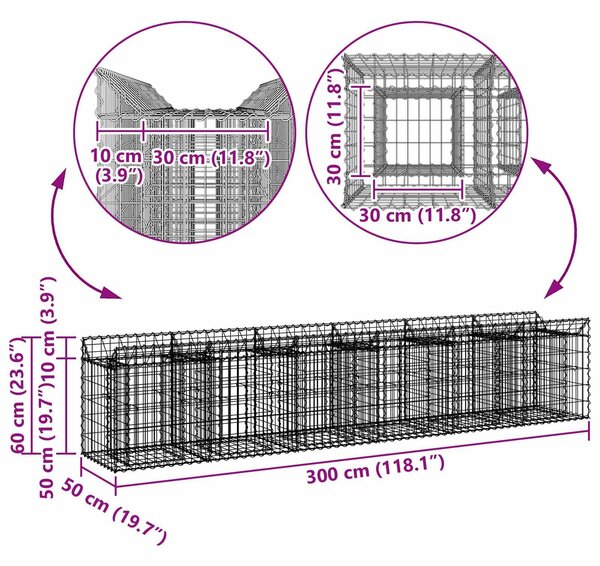 VidaXL Gabion emelt ágy 2 db 300 x 50 x 60 cm Horganyzott Acél Ezüst