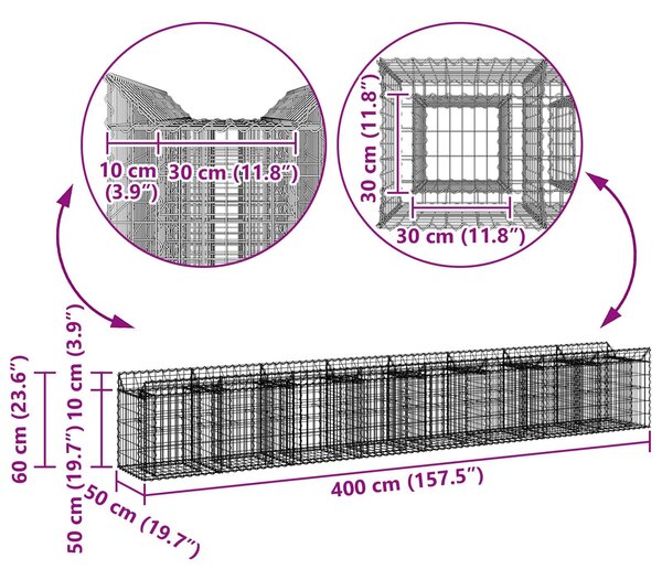 VidaXL Gabion emelt ágy 2 db 400 x 50 x 60 cm Horganyzott Acél Ezüst