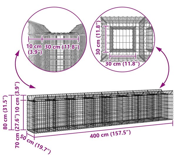 VidaXL Gabion emelt ágy 3 db 400 x 50 x 80 cm Horganyzott Acél Ezüst